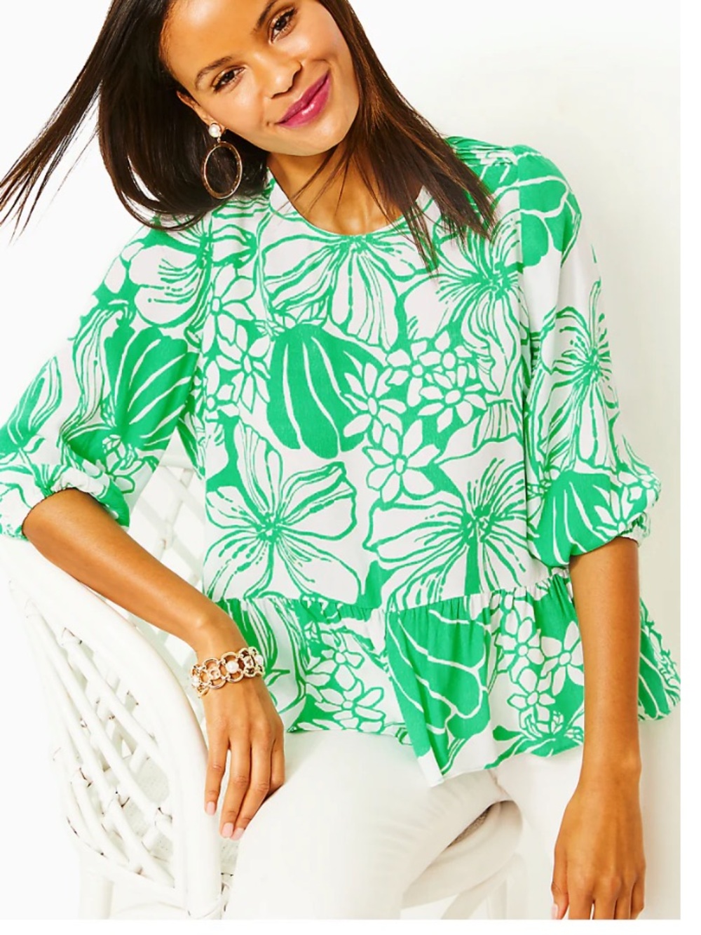 Lilly Pulitzer ARANEA 3/4 SLEEVE TOP, SPEARMINT OVERSIZED KISS MY TULIPS